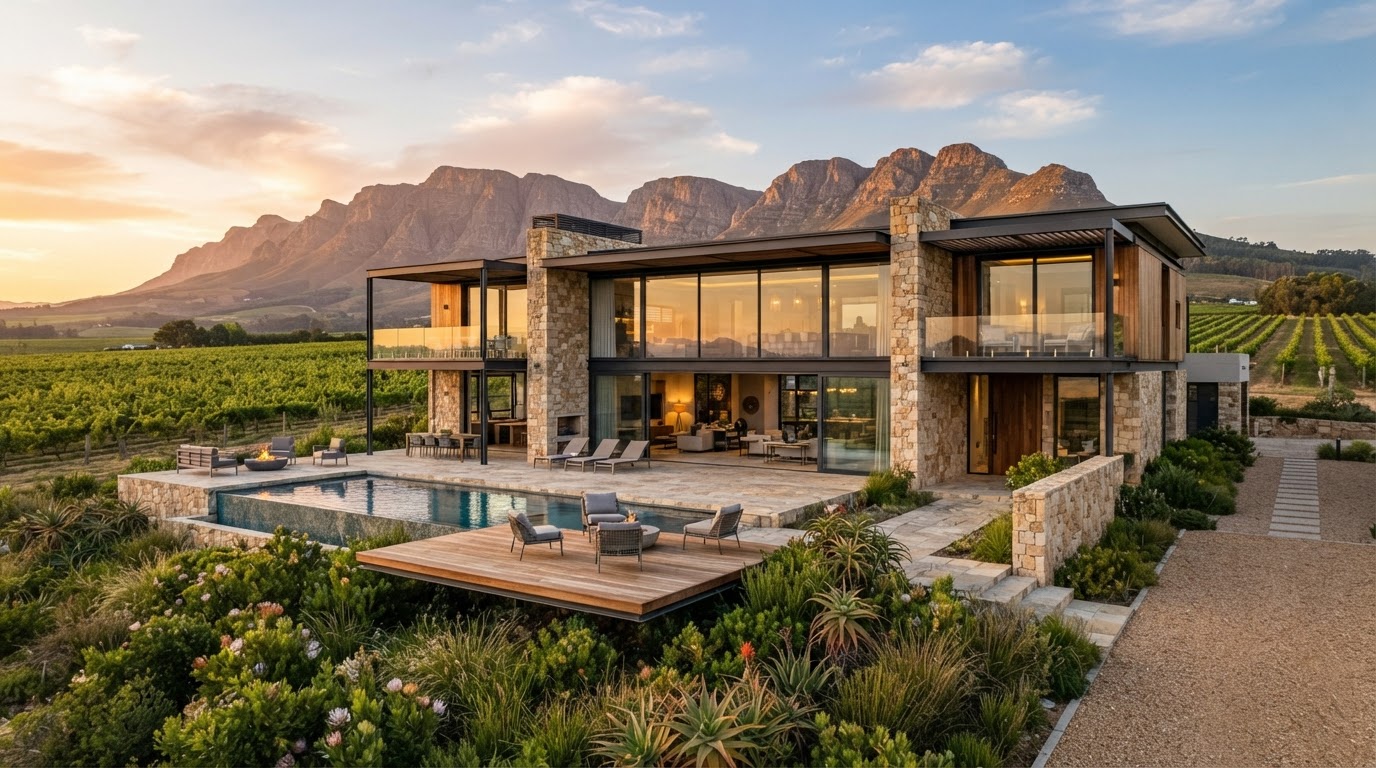 Contemporary De Hoop Lifestyle Estate home at golden hour — artist's impression