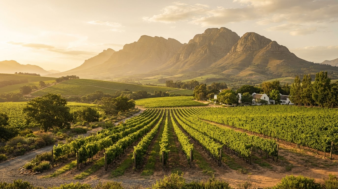 Vineyard rows stretching toward Paarl mountains in the Cape Winelands