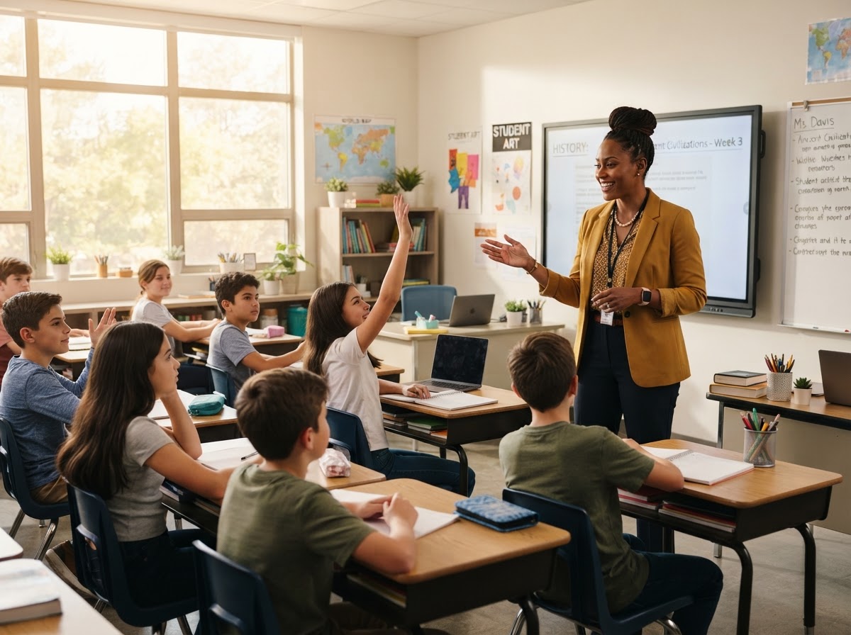 Teacher working with engaged middle school students in a classroom