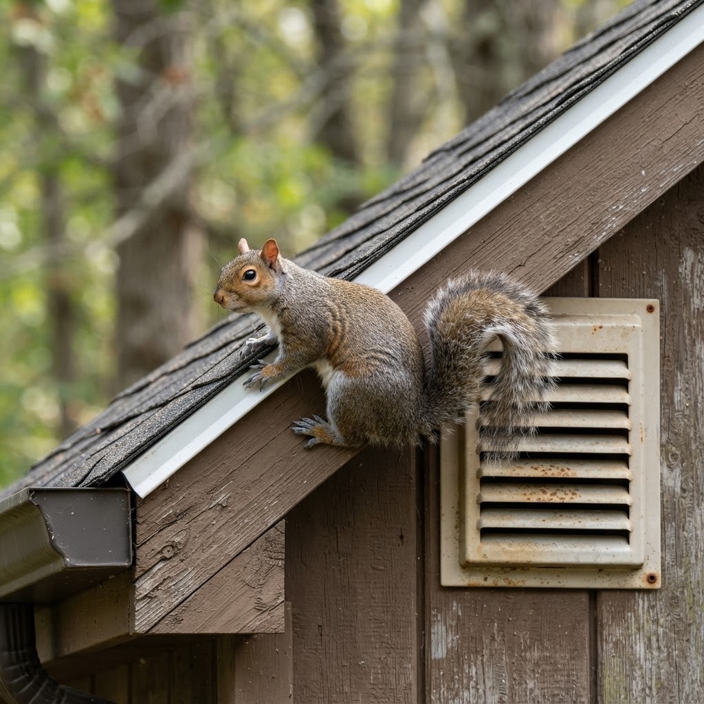 Gray squirrel on a roof eave near an attic vent
