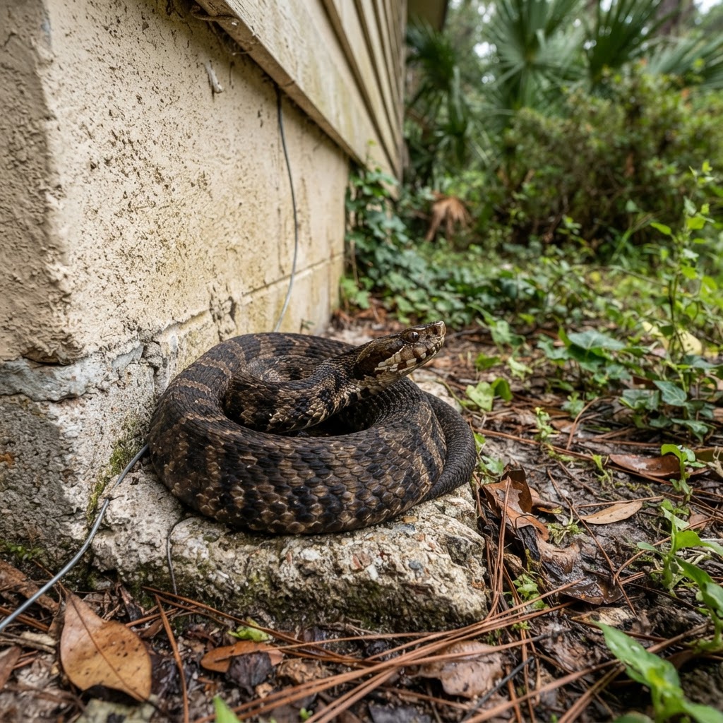 Snake coiled near a house foundation