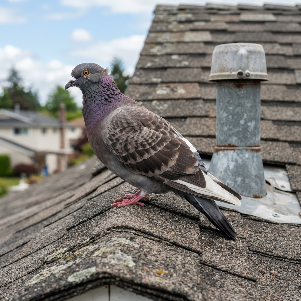 Pigeon perched on a residential roof edge