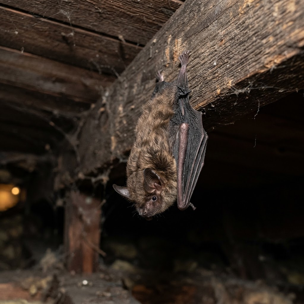 Bat clinging to attic wood rafters in low light