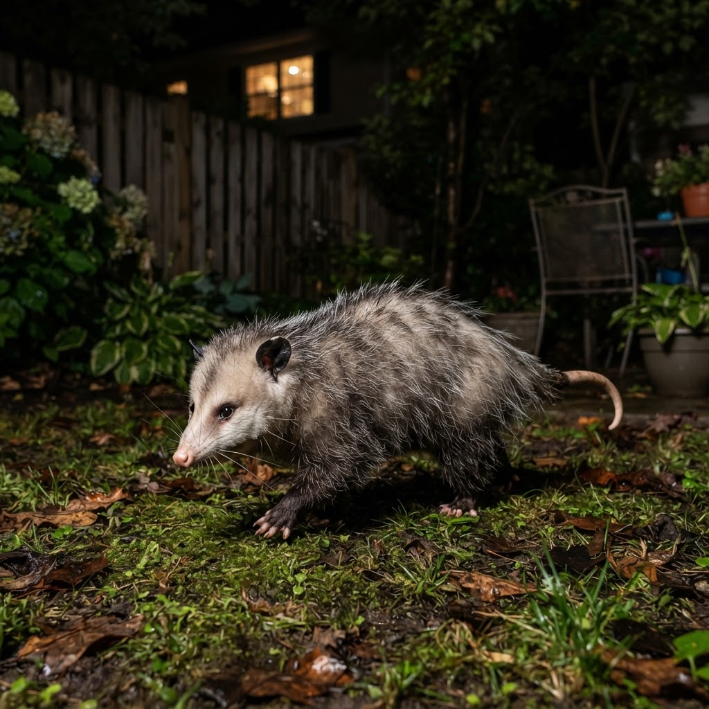 Opossum in a residential yard at night