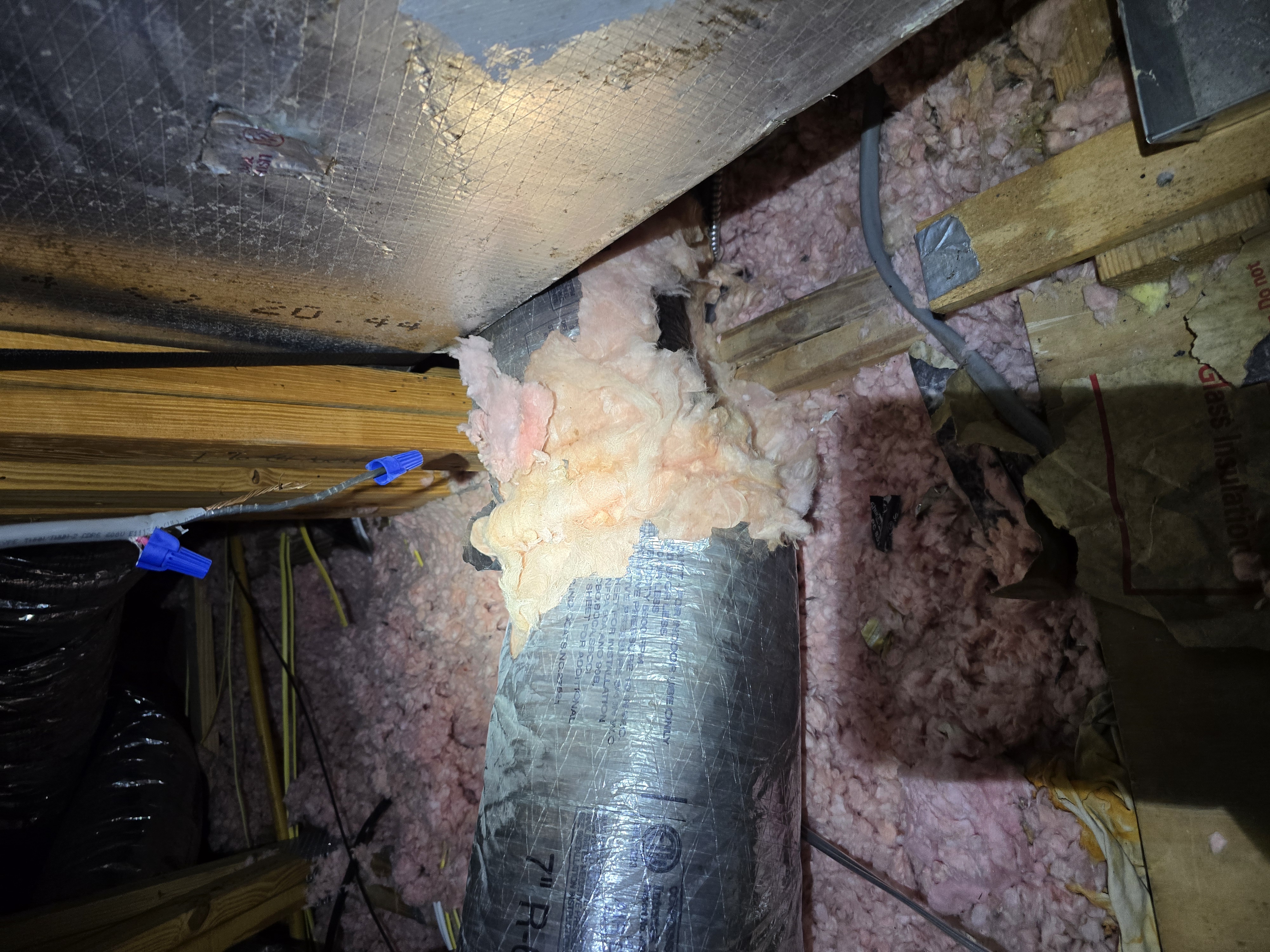 Animal-torn fiberglass ductwork in attic with shredded insulation before repair