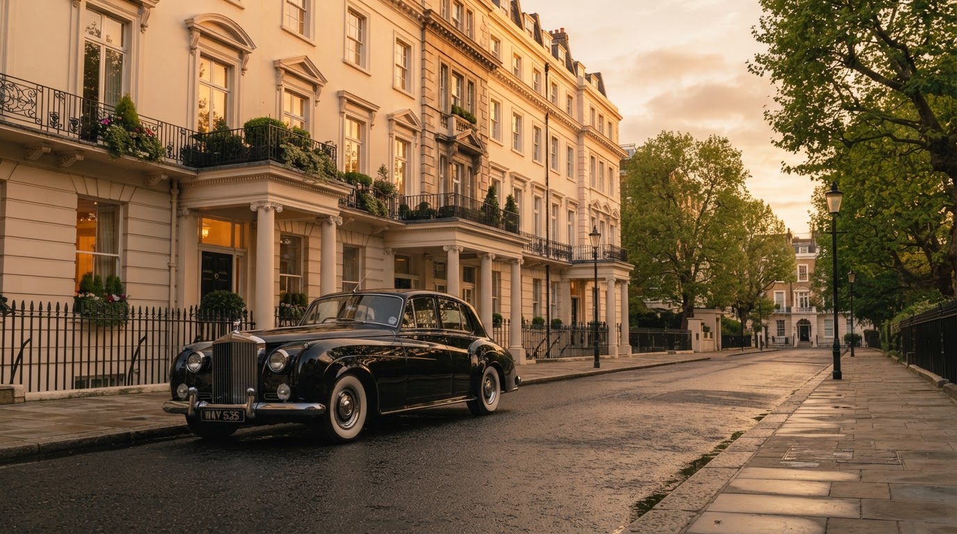 London at golden hour — Mayfair townhouses and a private chauffeur car