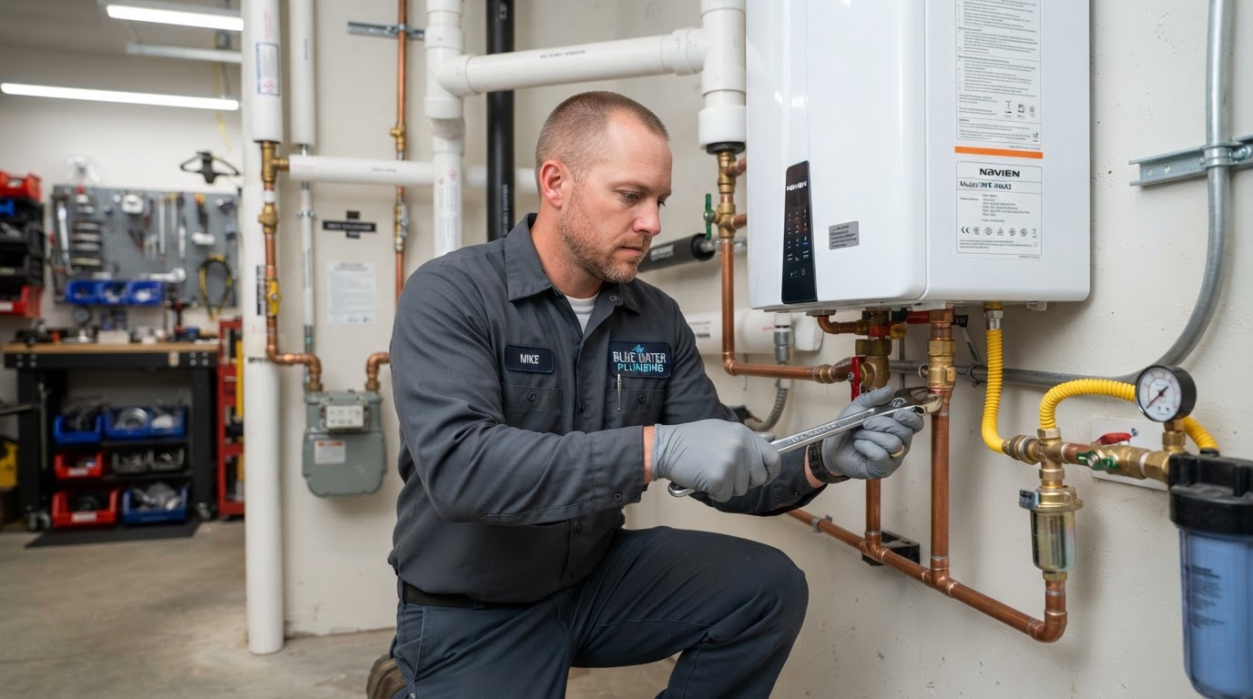 Professional plumber assessing a tankless water heater installation