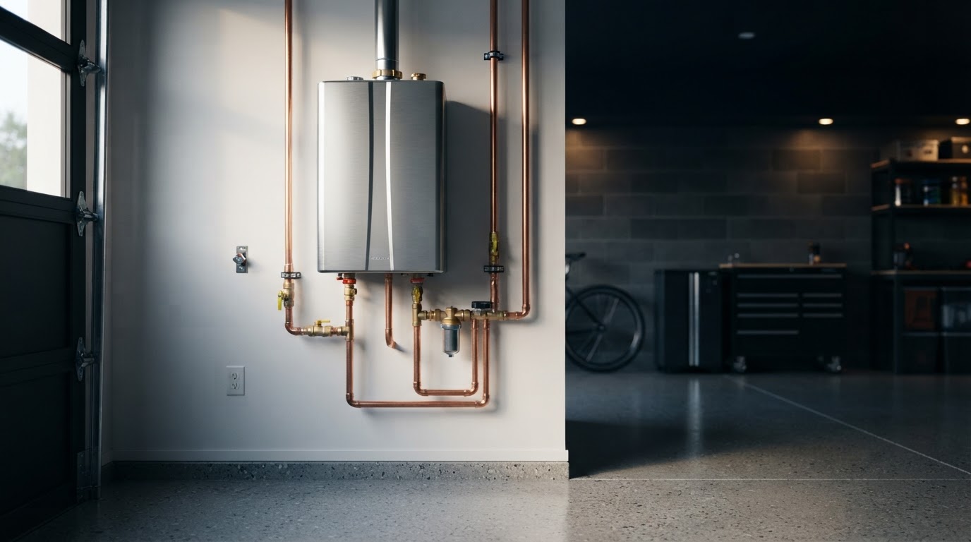 Modern wall-mounted tankless water heater installation in a Southern California home