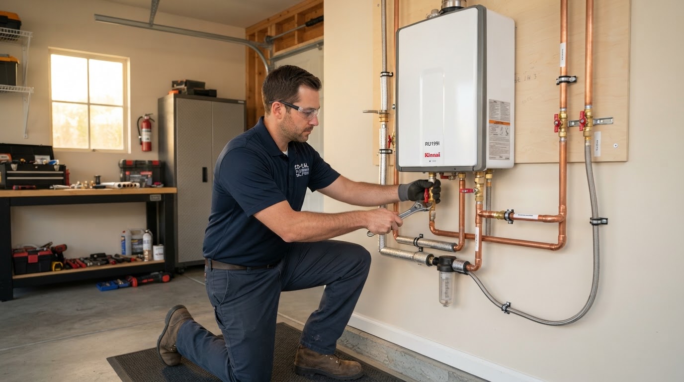Professional plumber replacing an older tankless water heater with a modern unit