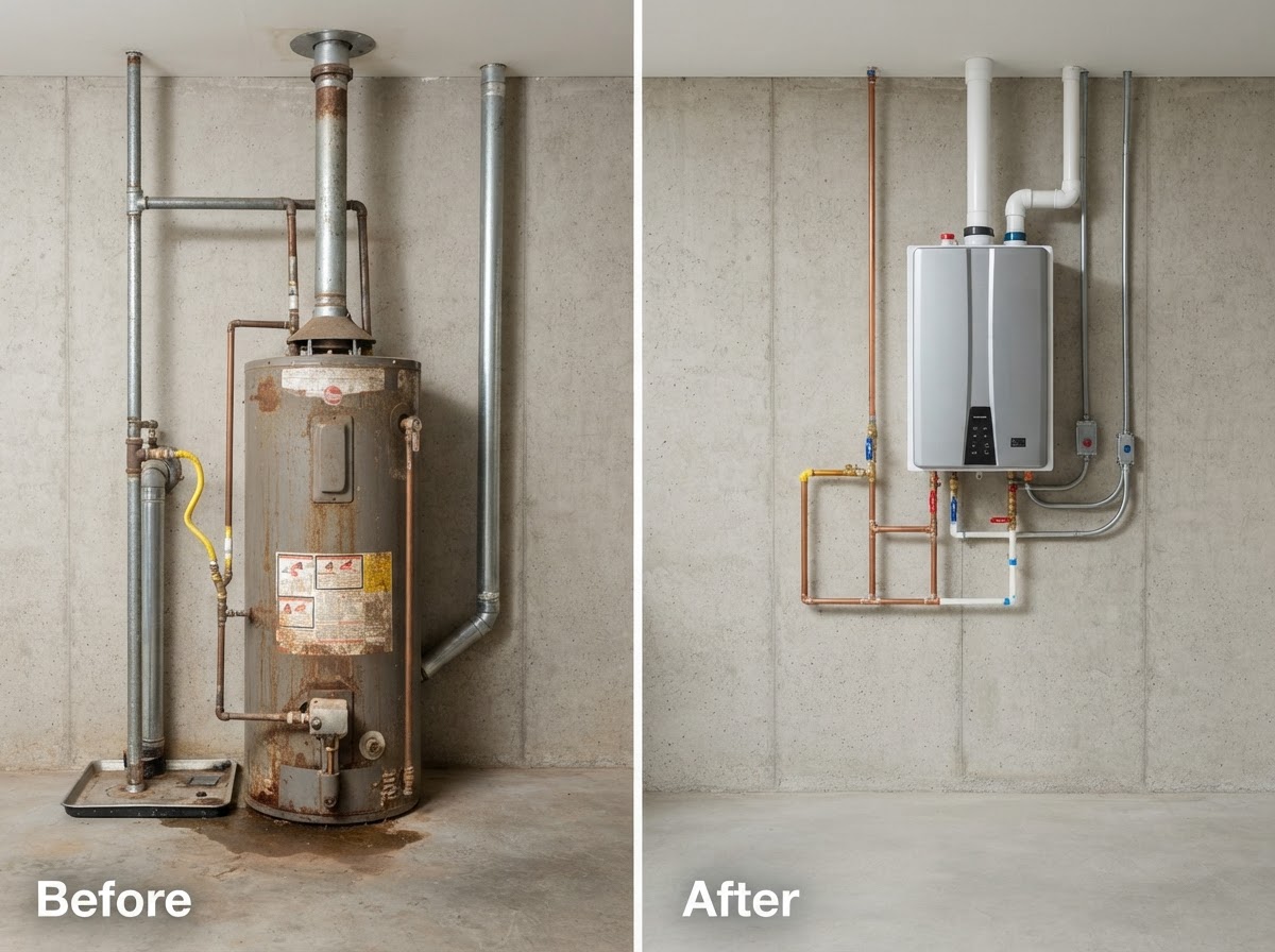 Old tank water heater replaced with a modern tankless unit