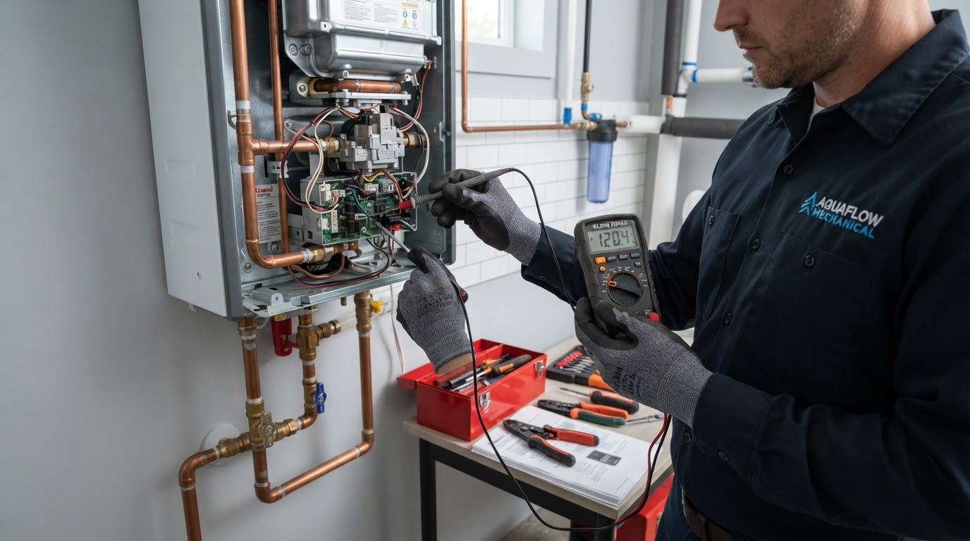 Tankless water heater being serviced by a technician
