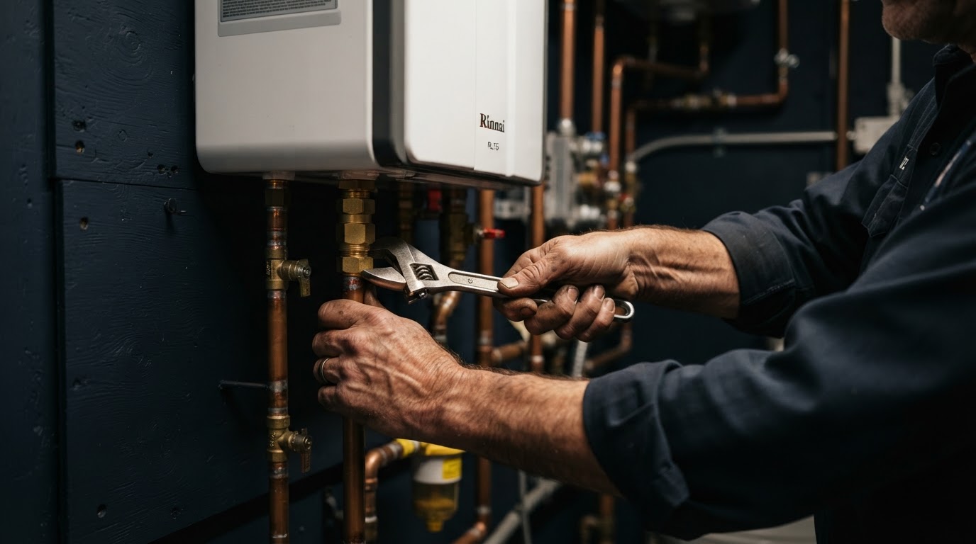 Experienced plumber working on a tankless water heater installation