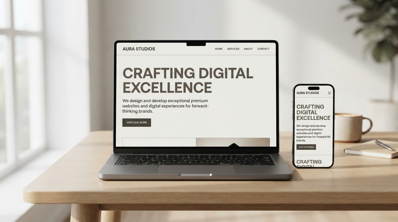 A modern laptop and smartphone on a desk displaying a premium, minimalist website