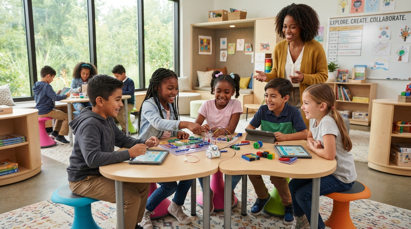 A modern BEAM microschool studio with a group of multi-age scholars (ages 5 to 10) collaborating on STEM activities guided by a Black woman teacher in the background