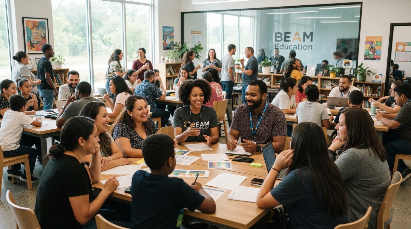 A diverse BEAM Education community of Black, Hispanic, and white educators, parents, and students collaborating together in a bright learning space