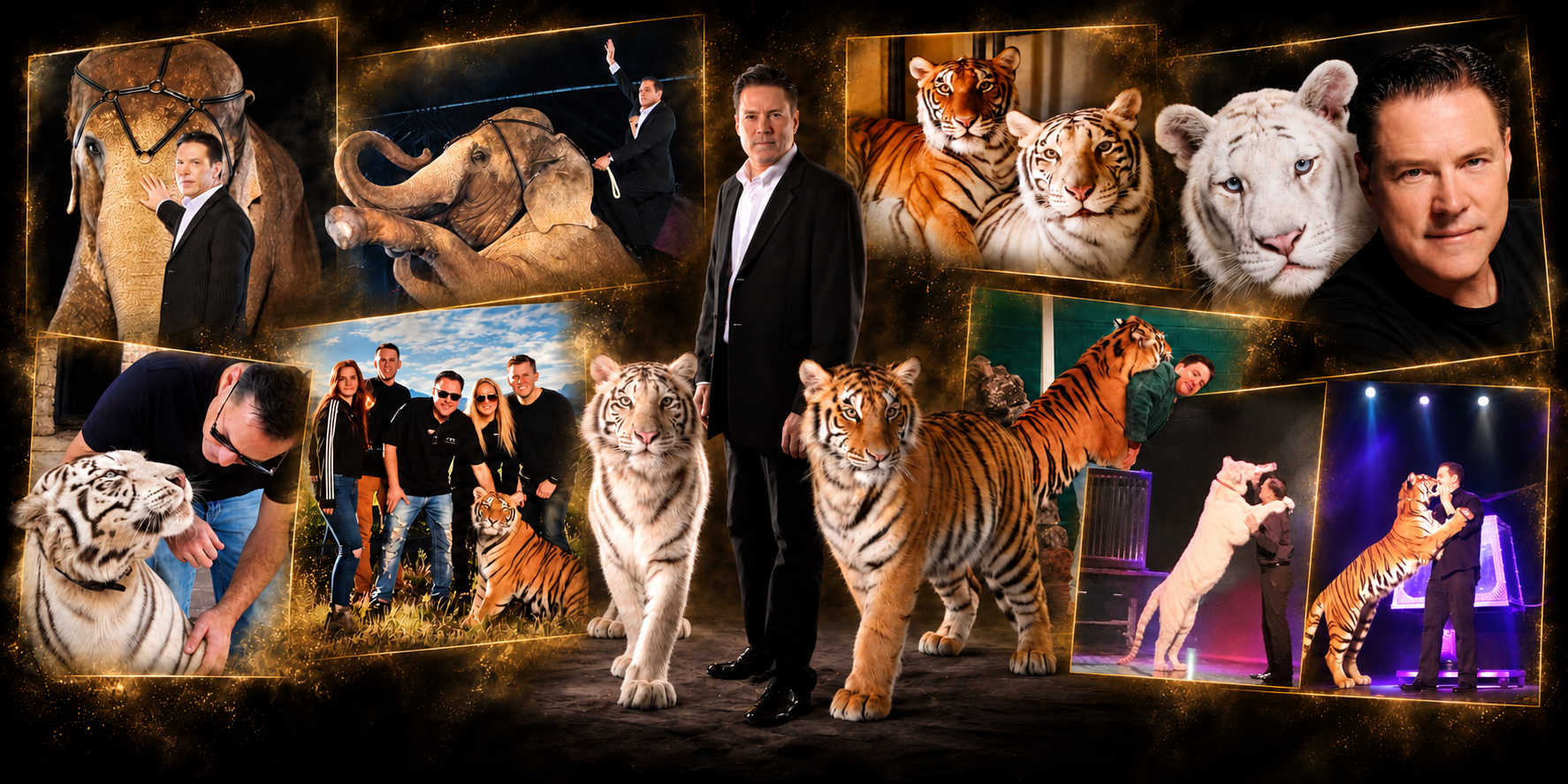 A collage of ten memories featuring Jay Owenhouse with his tigers, elephant, family, and stage performances