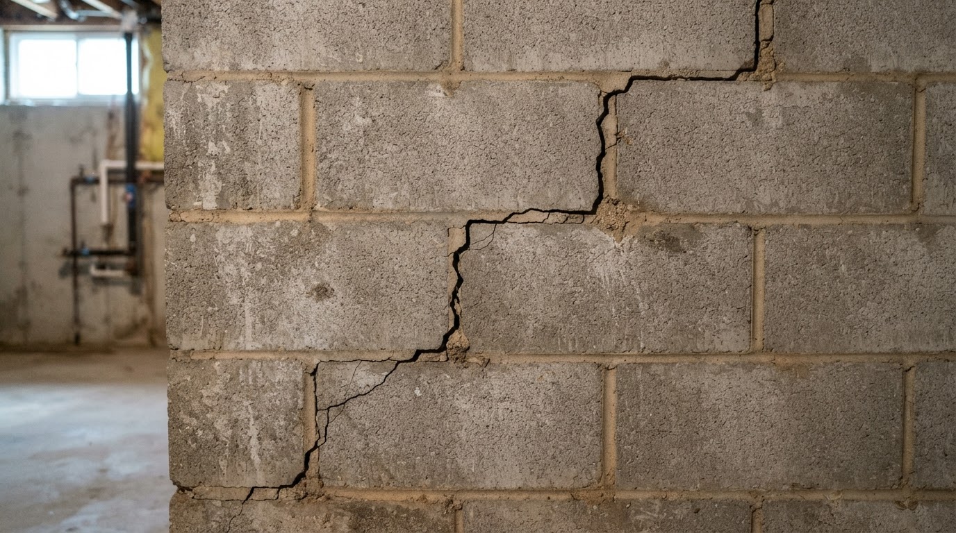 Stair-step crack following the mortar joints up a concrete block basement wall