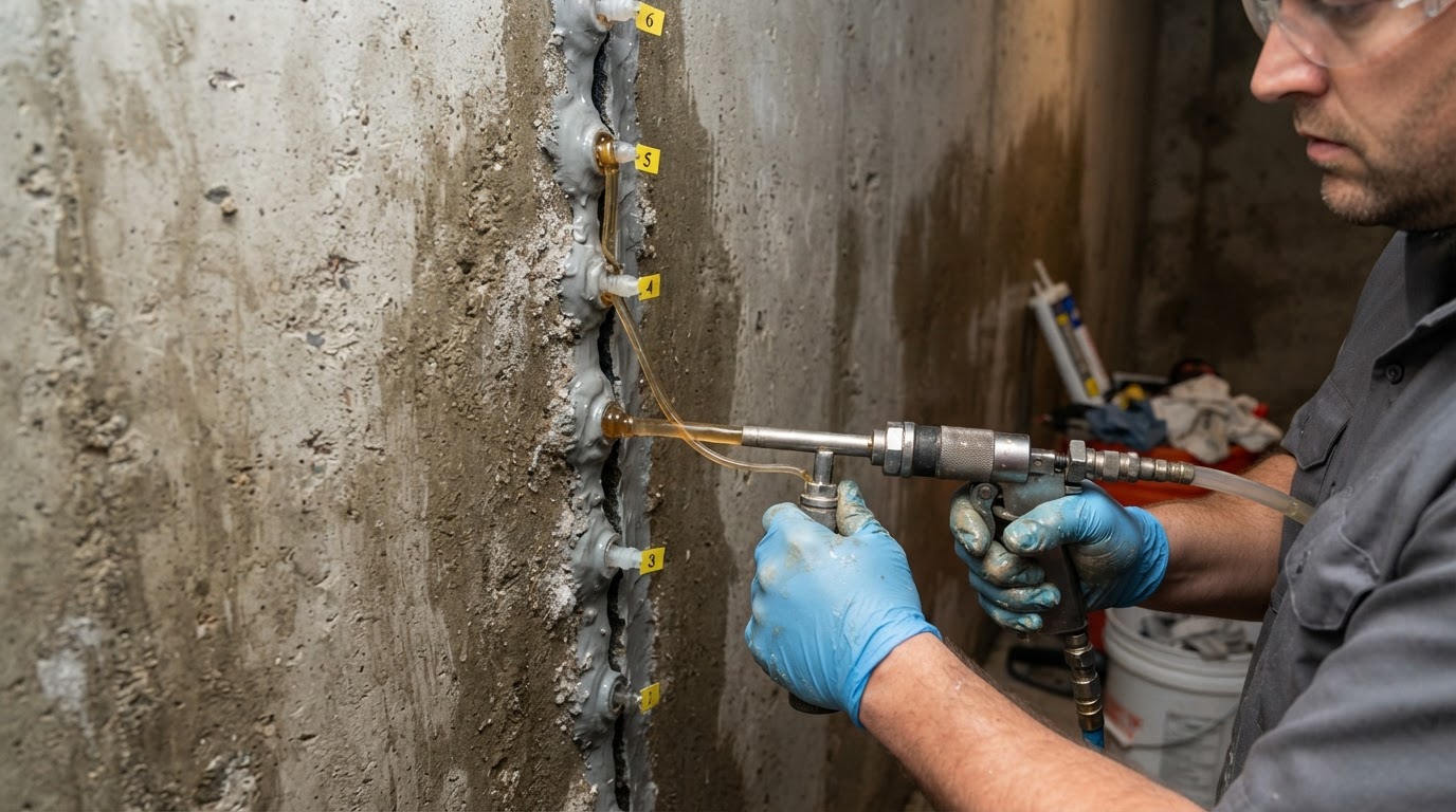 Epoxy crack injection being forced into a vertical crack in a poured concrete basement wall