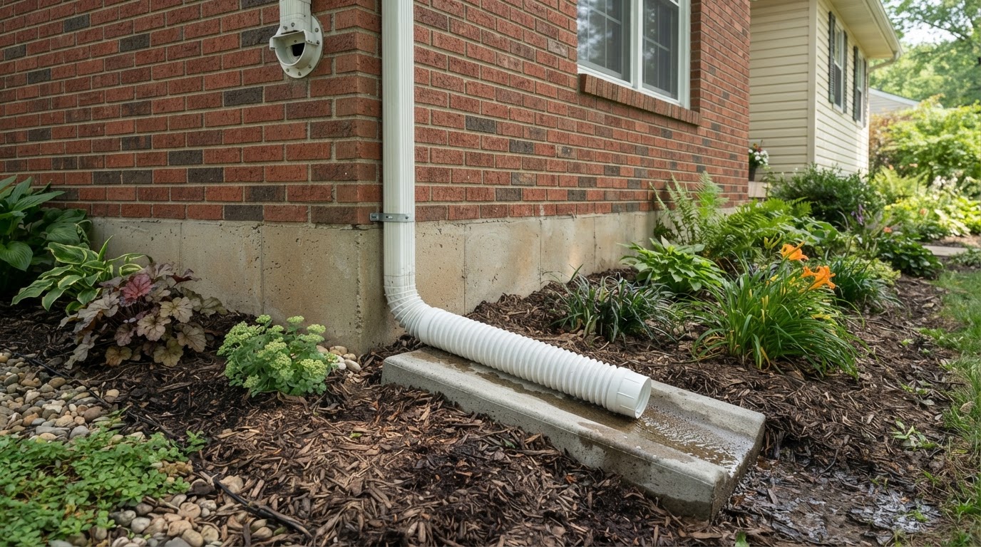 Downspout extension directing roof runoff away from a brick foundation wall