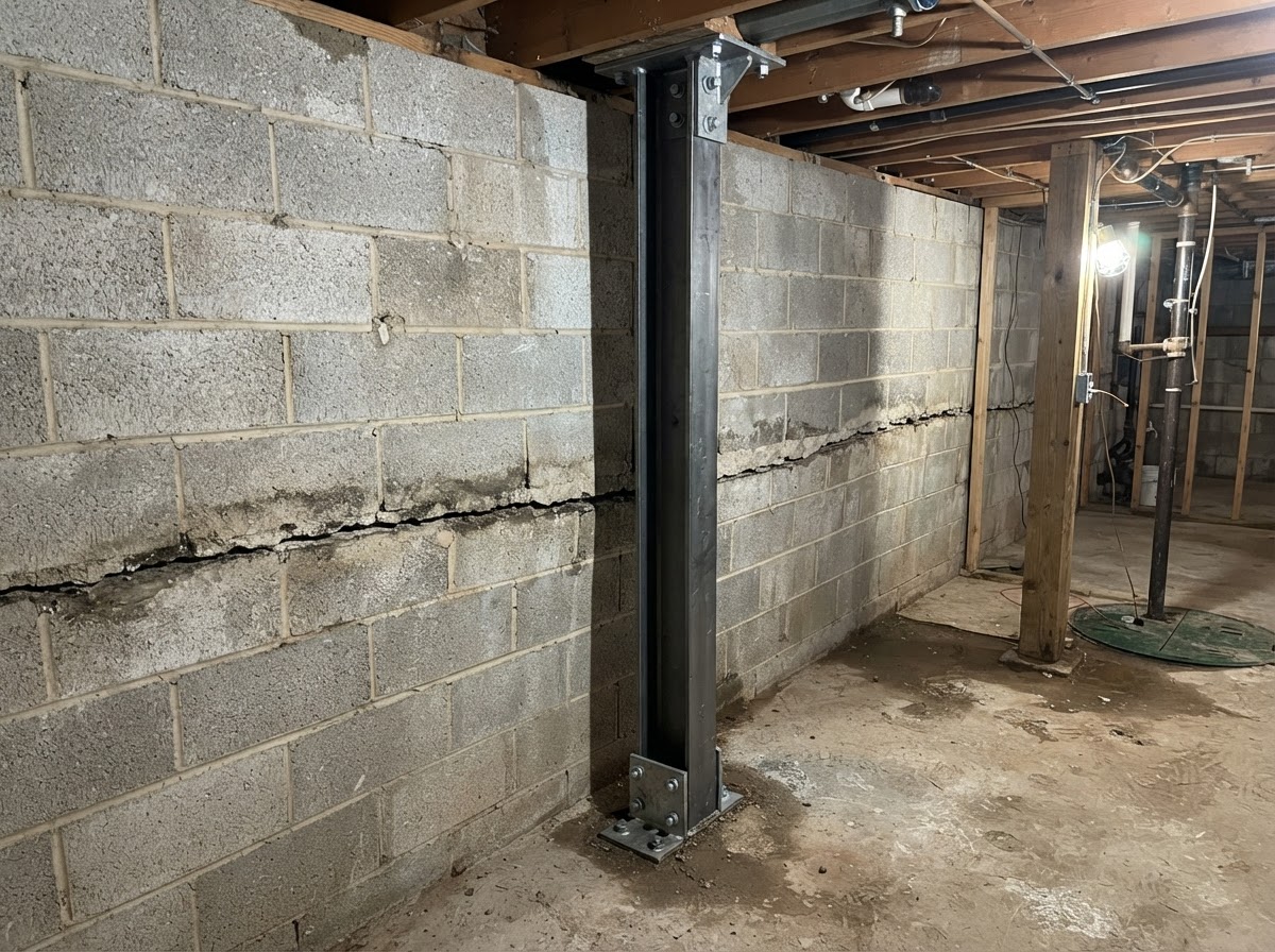Steel I-beam brace installed against an inward-bowing concrete block foundation wall