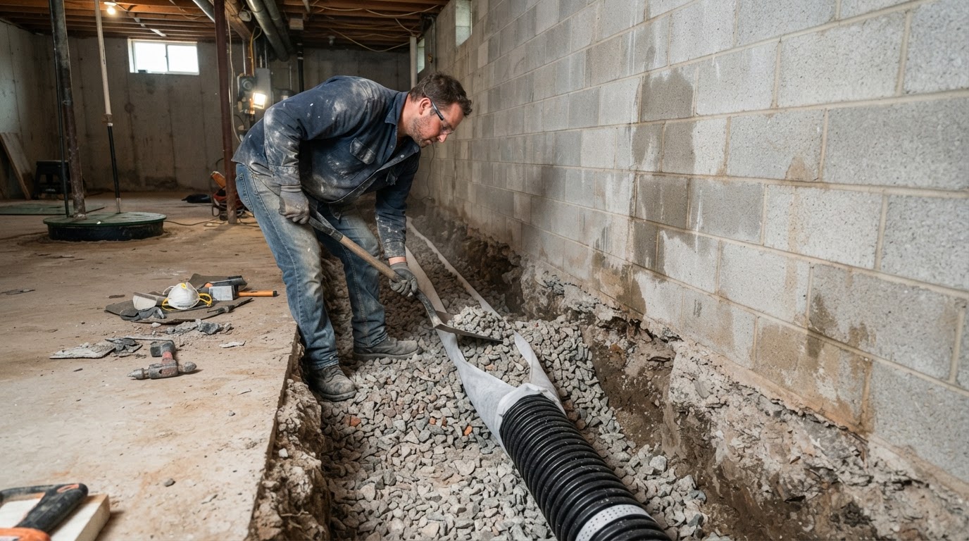 Interior French drain trench cut along a basement floor-wall joint in Warren, MI