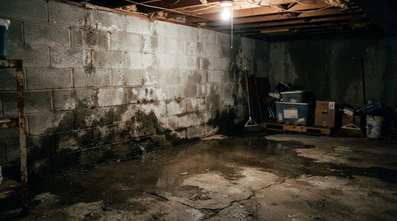 Water seeping at a basement floor-wall joint after a heavy Metro Detroit storm