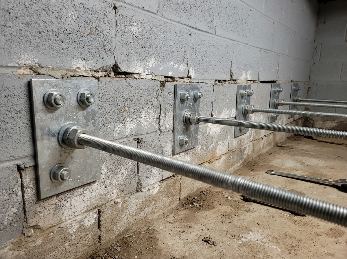 Galvanized wall anchor plates bolted in a row along a concrete block basement wall