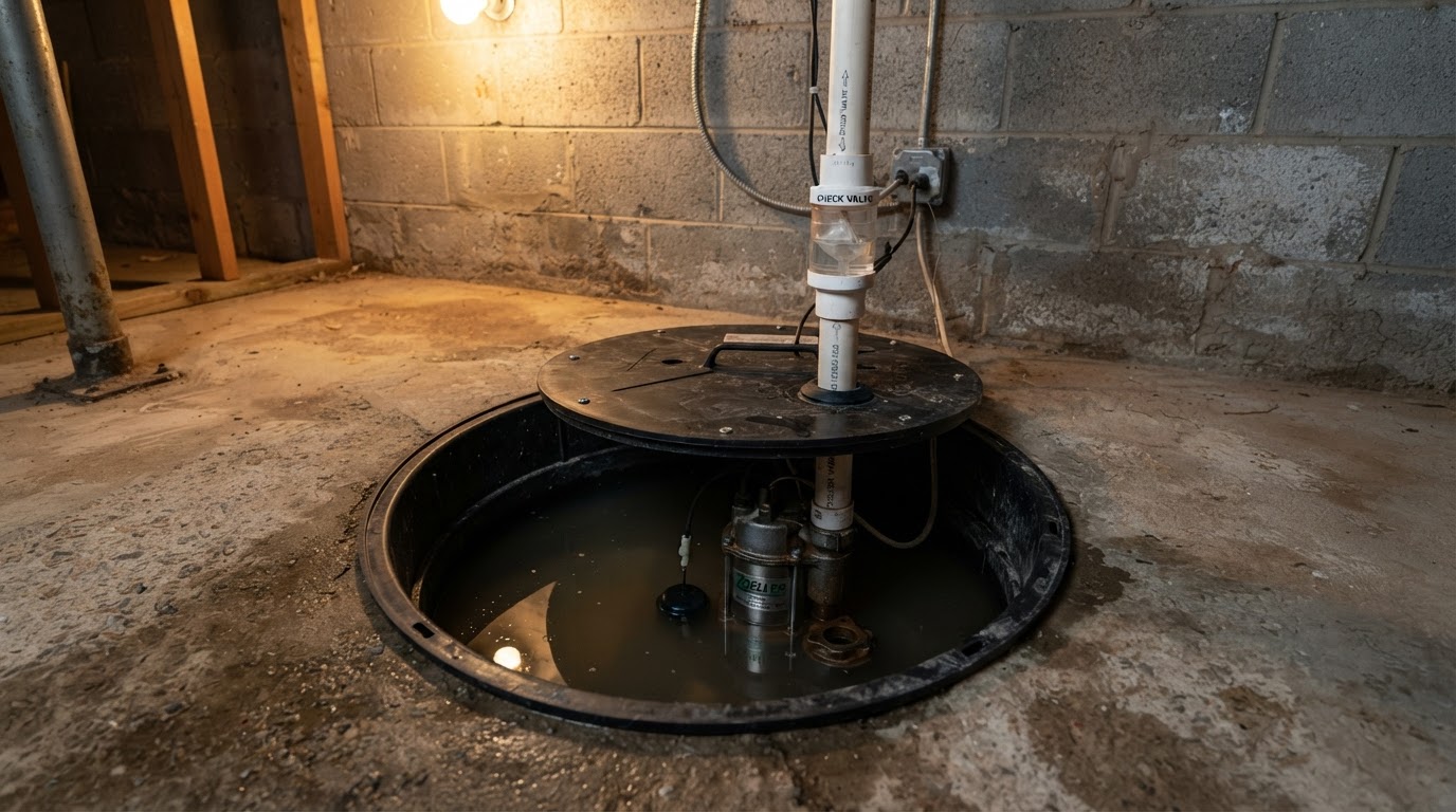 Sump pump set inside a black plastic basin in a Metro Detroit basement