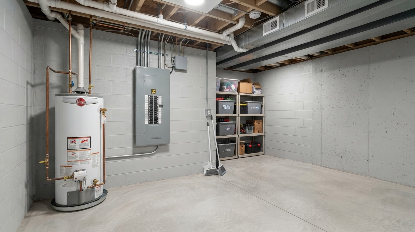 Clean, dry finished basement with painted block walls and no water staining