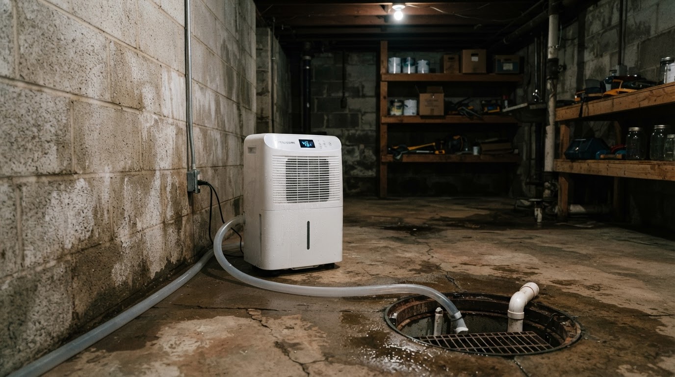 Dehumidifier running beside a basement wall, illustrating a clean and simple service setup