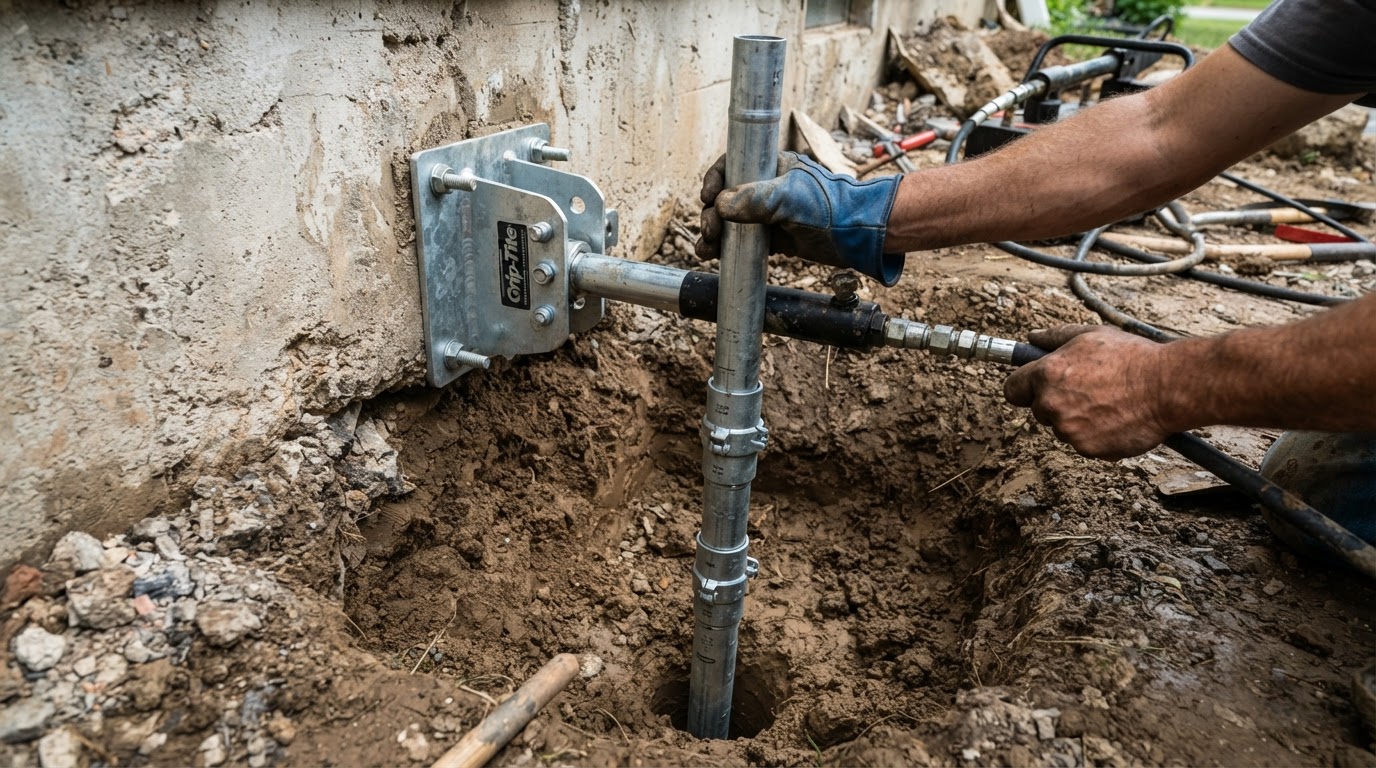 Steel push pier bracket installed beside a house footing to stop settling