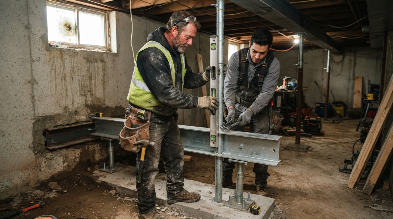Foundation repair crew leveling and bracing a steel beam inside a Warren basement