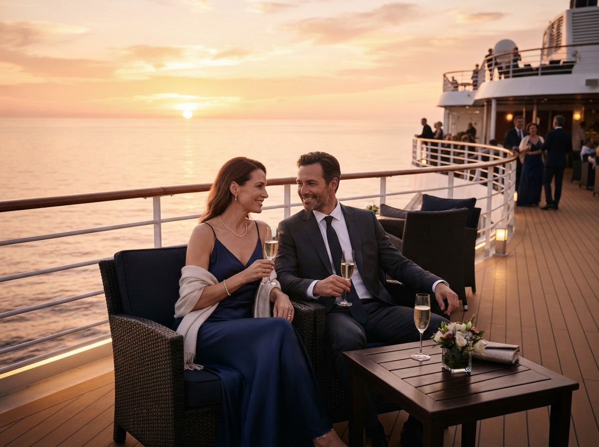 An elegant couple in evening attire relaxing on the open deck of a cruise ship at sunset over the calm ocean