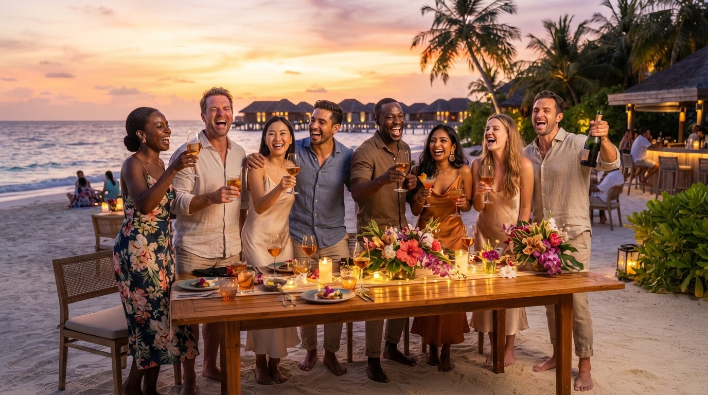 A diverse group of adult friends laughing and enjoying a luxury beachfront tropical resort during golden hour