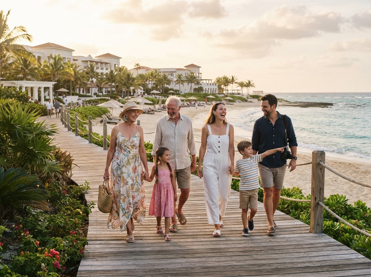 A multigenerational family walking together along a beach boardwalk at a resort