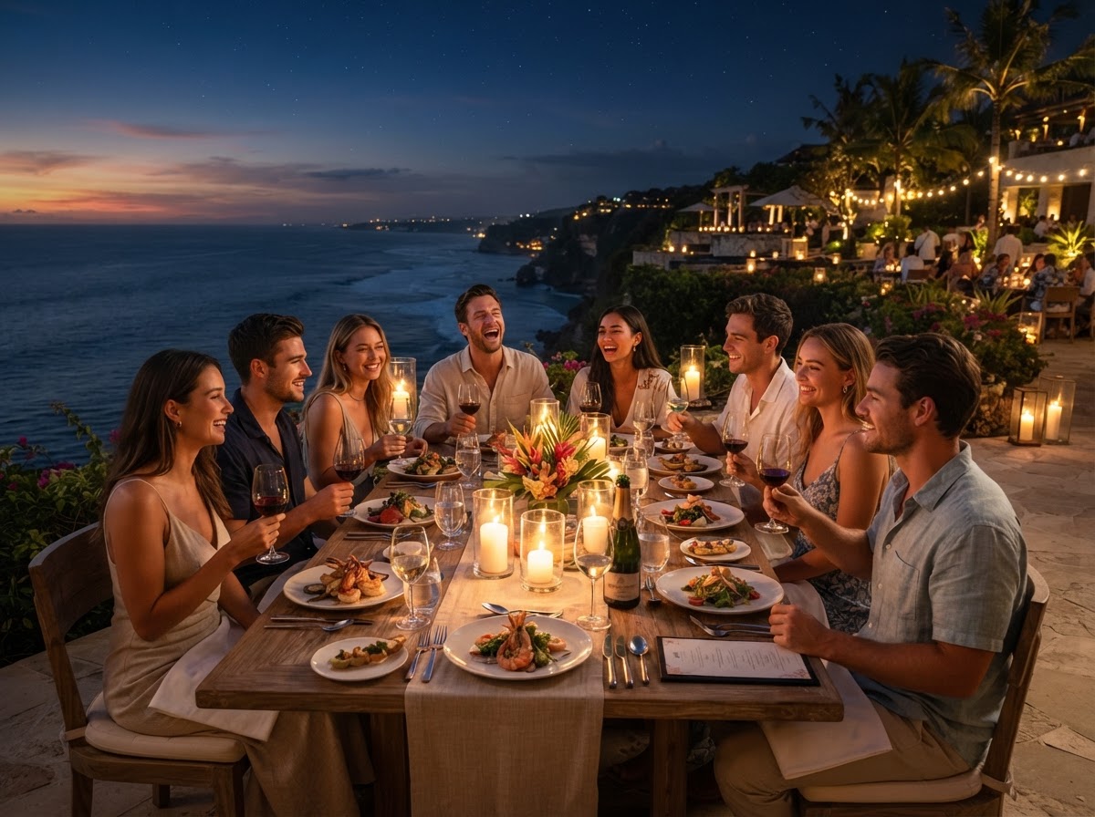 Alumni classmates dining together outdoors under warm ambient lighting at a beachfront resort table