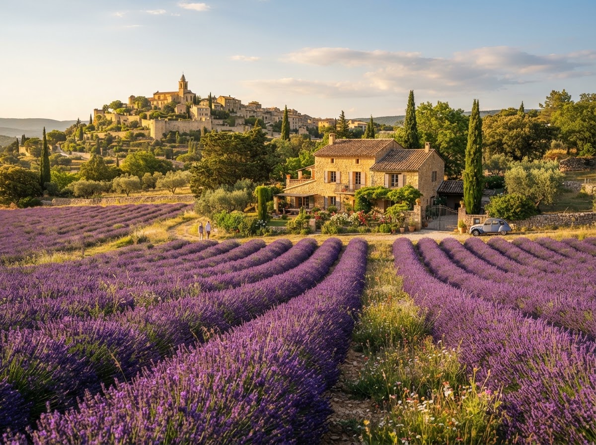 Provence lavender field in full bloom with a stone farmhouse and distant village