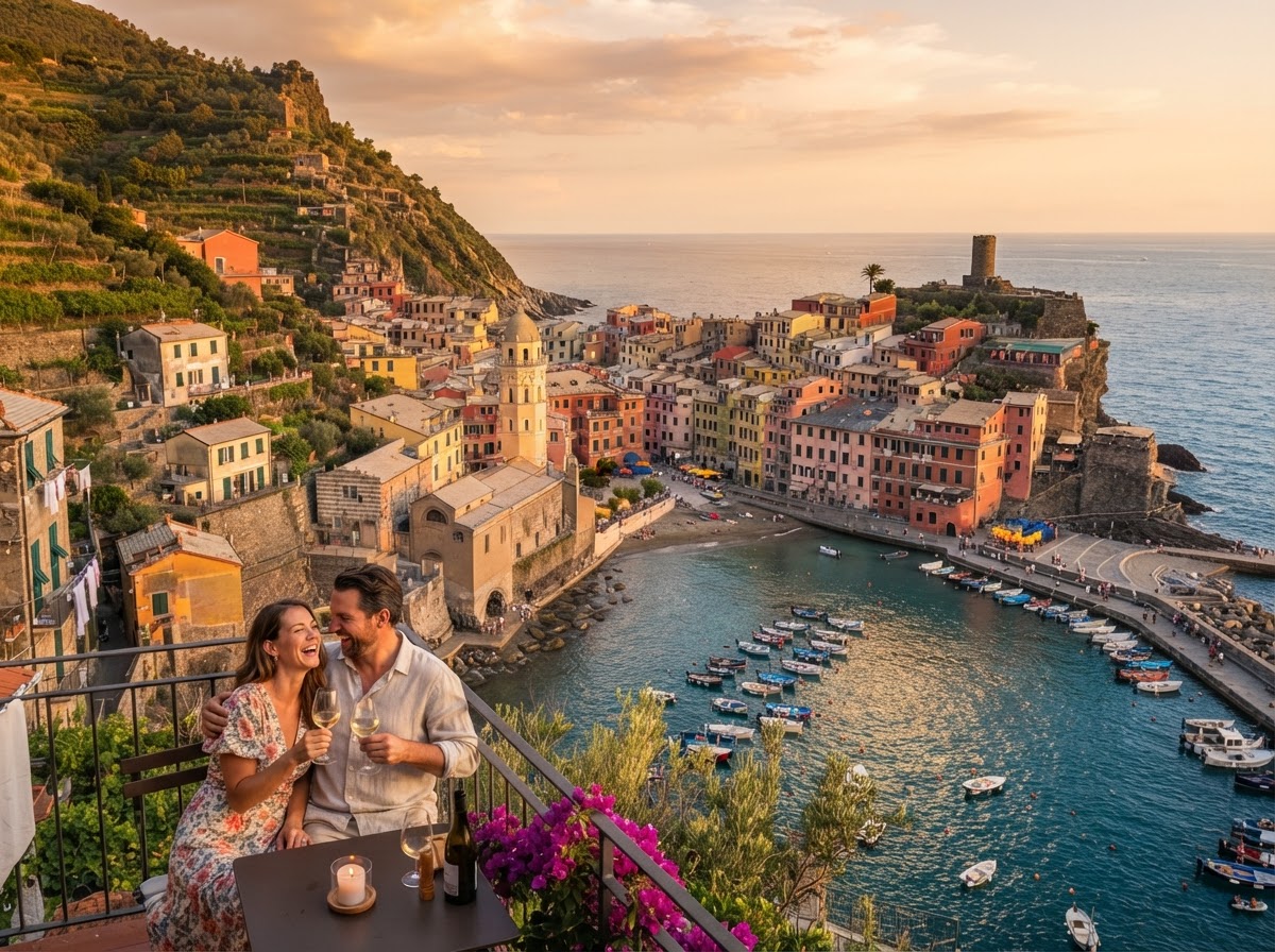 A romantic European coastal town at golden hour with terracotta rooftops and a sparkling sea