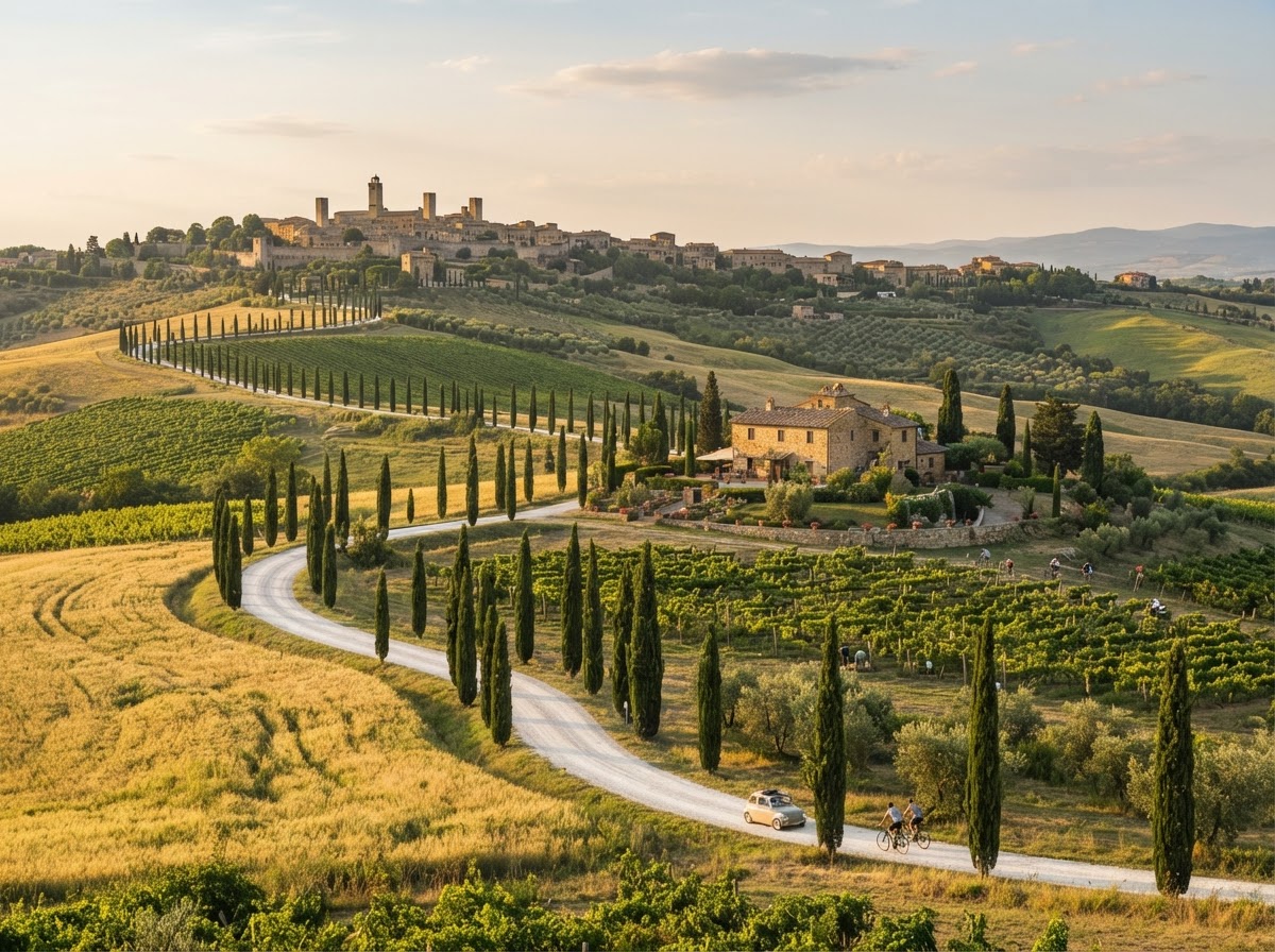 Rolling Tuscan hills with cypress trees, vineyards, and a distant hilltop village