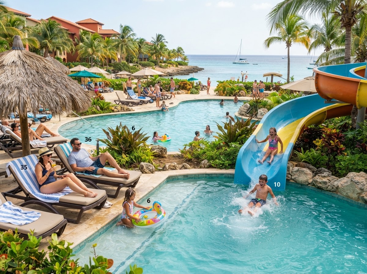 A family-friendly resort pool with a waterslide and kids playing while parents relax nearby