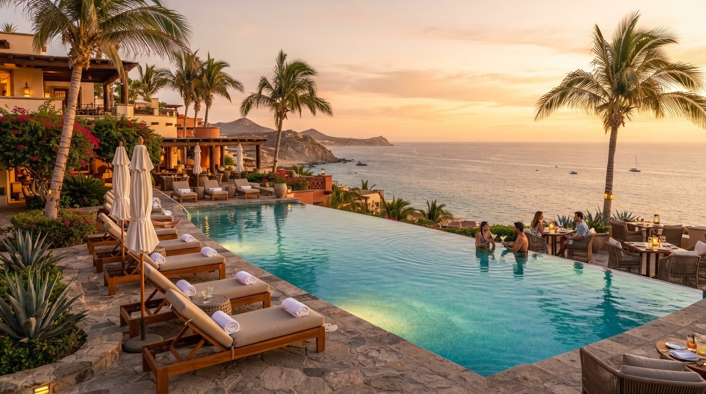 High-end Mexican beachfront resort with an ocean view at golden hour