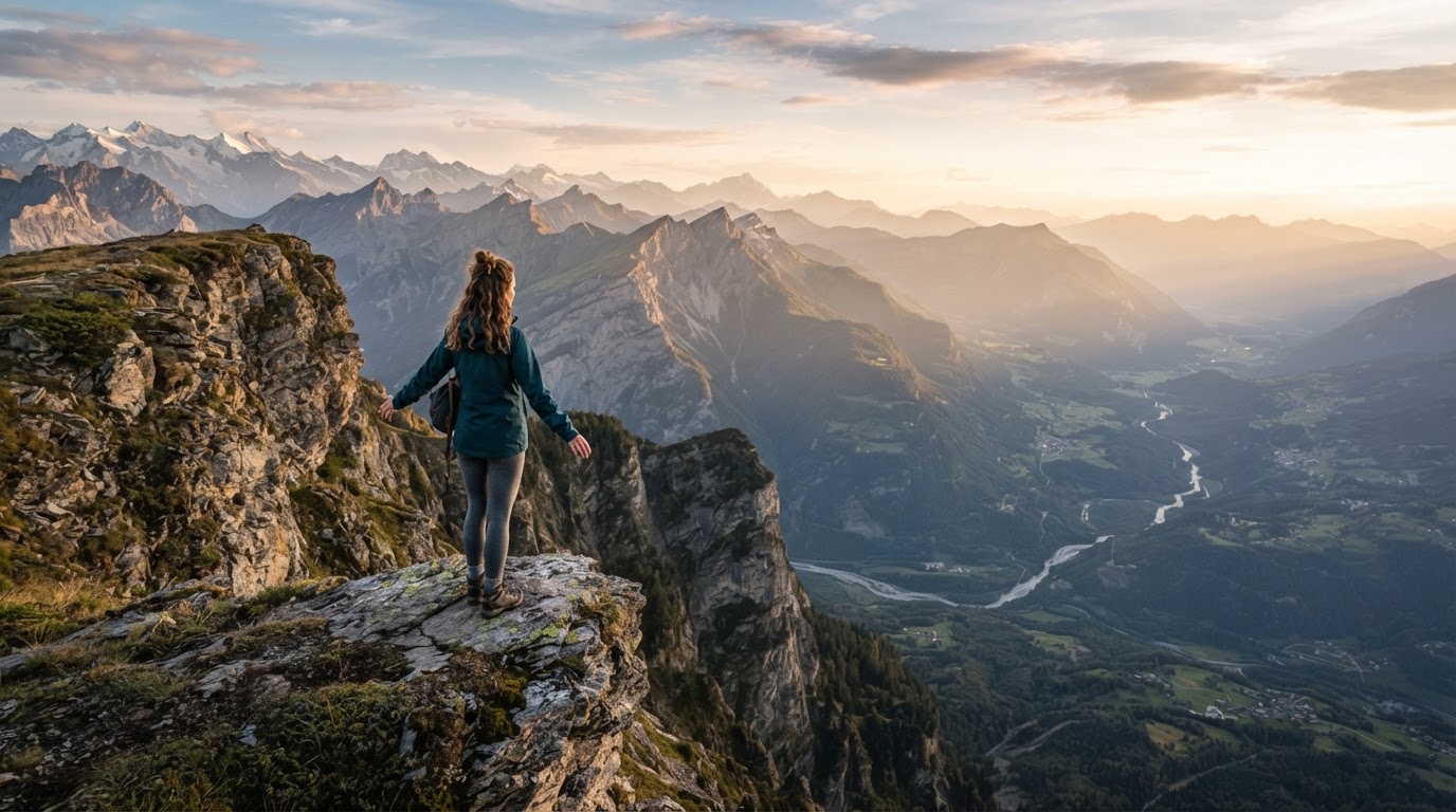 A traveler standing on a dramatic cliffside overlook at golden hour, gazing out over layered mountain ridges and a vast valley below
