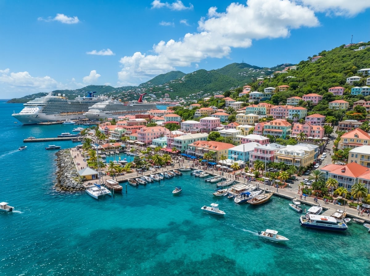 Colorful Caribbean cruise port town with pastel buildings, palm trees, and small boats moored in a bright turquoise harbor