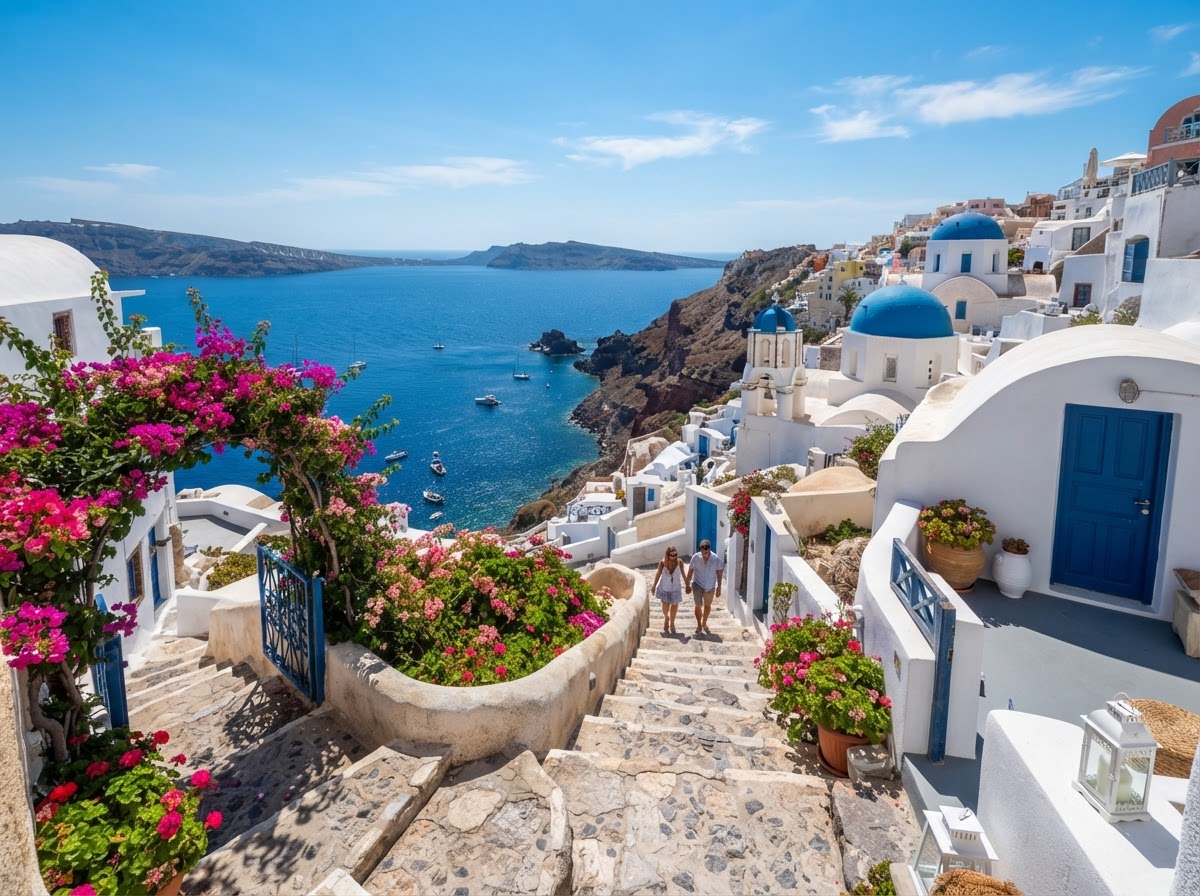 Whitewashed Cycladic buildings with blue domes overlooking the Aegean Sea