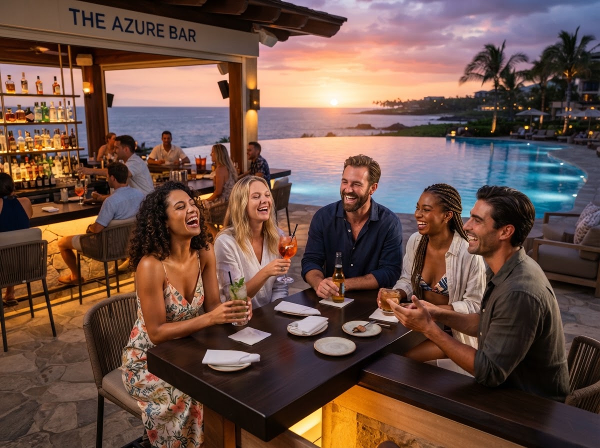 A group of adult friends laughing together around a poolside lounge area at a tropical luxury resort at sunset