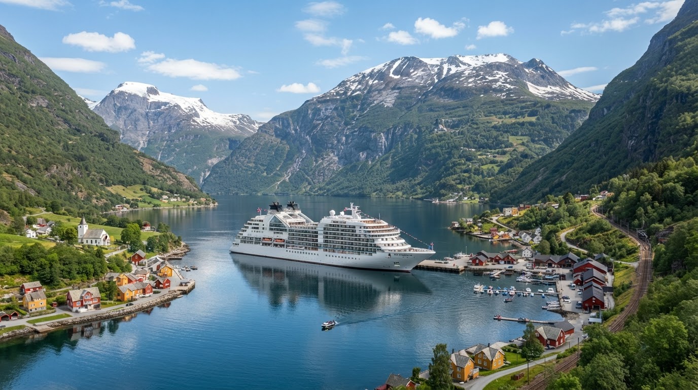 Luxury cruise ship anchored near a scenic European coast