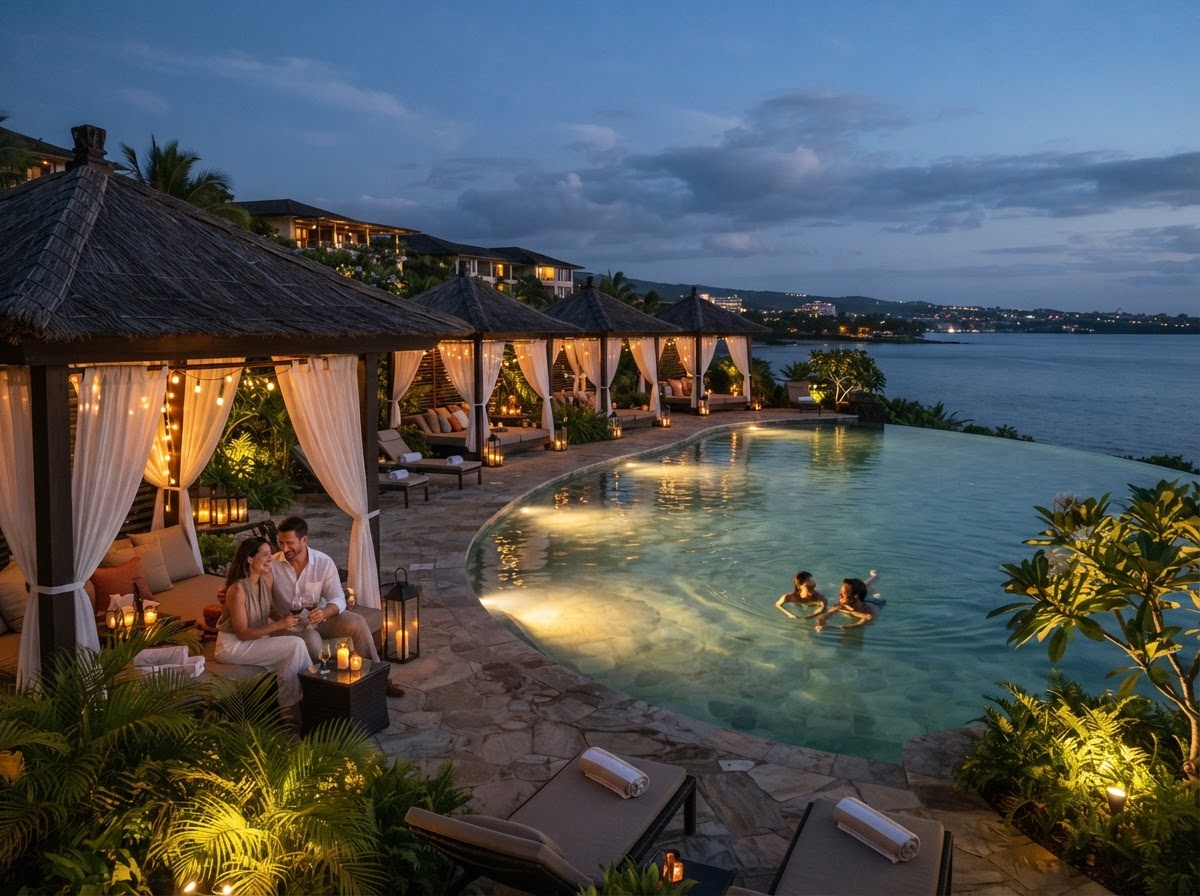An adults-only luxury resort pool at dusk with cabanas and soft lighting