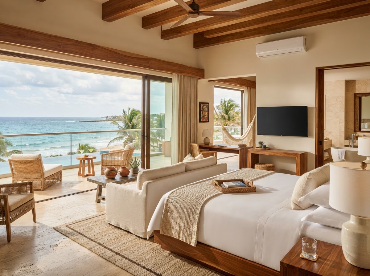 Luxury Mexico resort suite with an ocean-view balcony