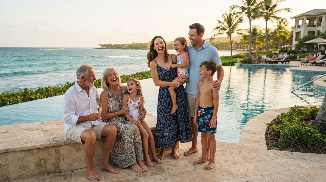 A multigenerational family enjoying an upscale beachfront resort together by the pool