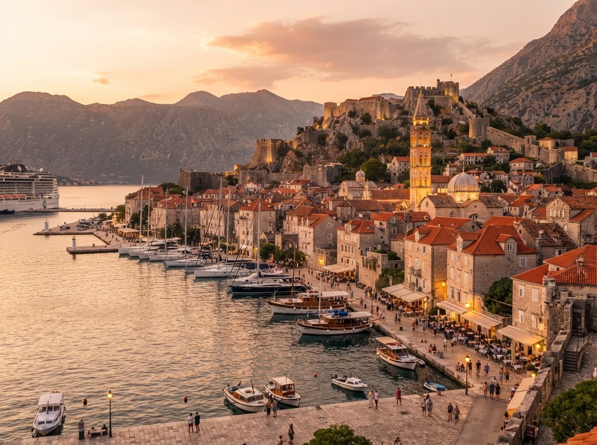 European Mediterranean cruise port at golden hour with a historic harbor town, terracotta rooftops, and a hilltop fortress above the water